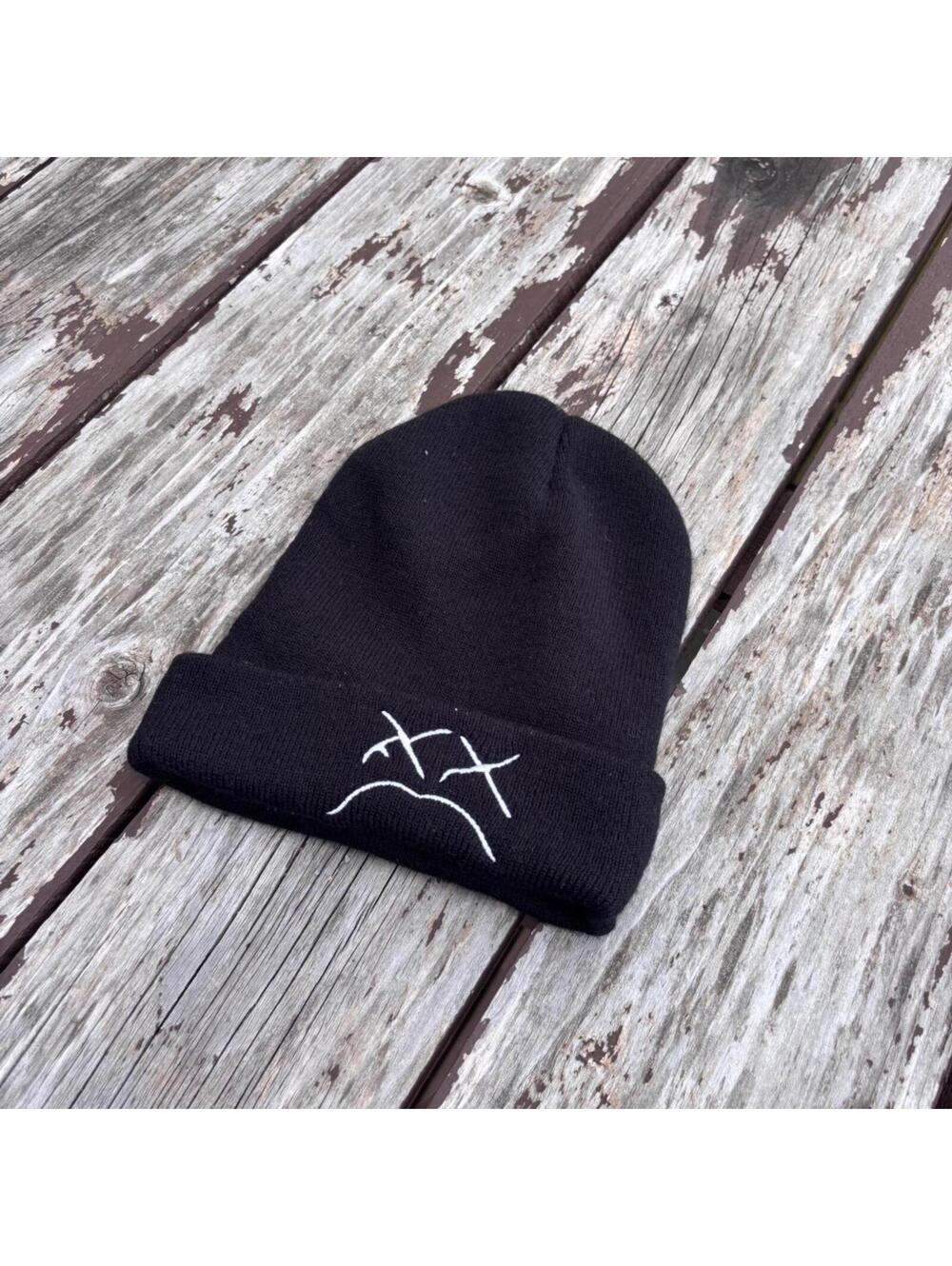 Black Knit Beanie Hat Graphic Embroidered Streetwear Skull Cap One Size